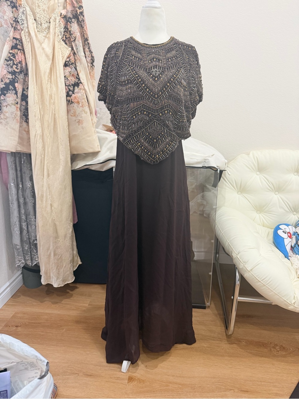 Zara Embellished Beaded Caped Dress Gown in Dark Brown